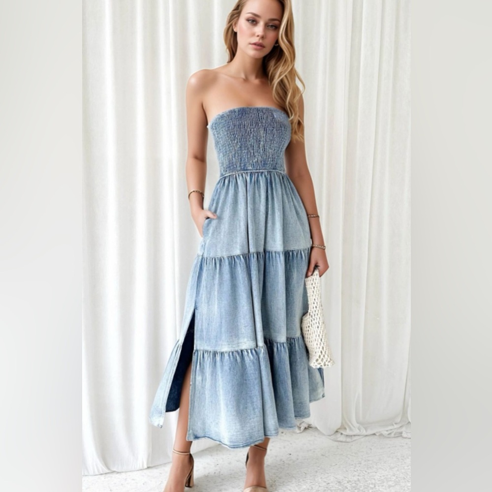 RISEN Smocked Tube Slit Tiered Elegant Blue Jean Strapless Midi Dress - Picture 3 of 8